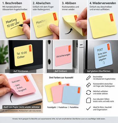 Wiederverwendbares Klebe-Memopad – beschreibbar & abwischbar Wiederverwendbares Klebe-Memopad – beschreibbar & abwischbar
