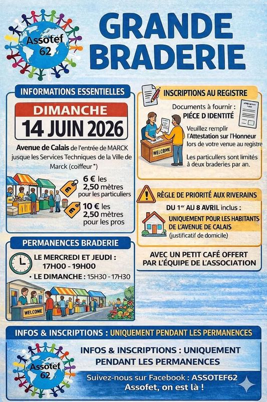 Emplacement braderie assotef 62 14 juin 2026 2.50 m( numéro envoyé par mail ou sms ) selon disponibilité 