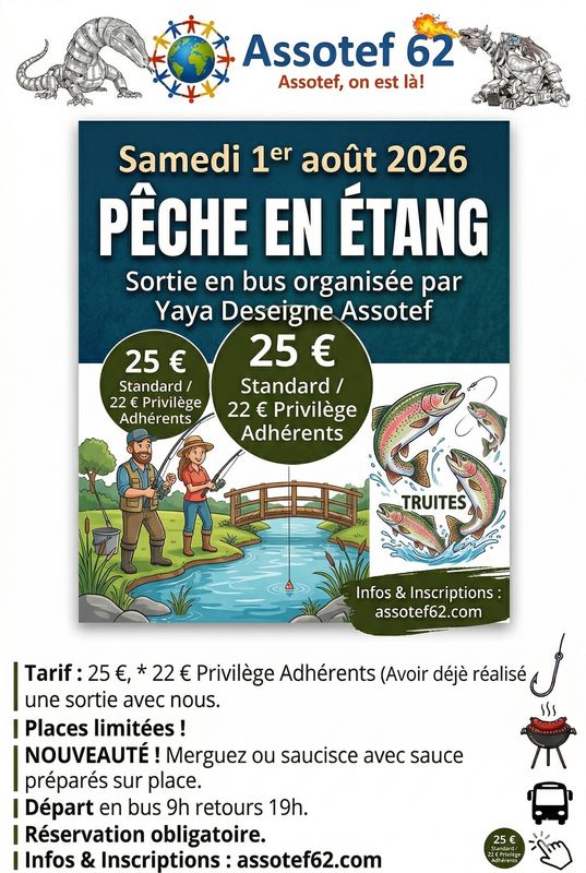 TICKET TARIF UNIQUE Sortie Pêche à la Truite - Étang de Balinghem (Bus Inclus)