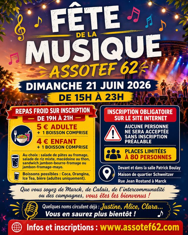 Inscription repas Fête de la Musique ASSOTEF 62+spectacle