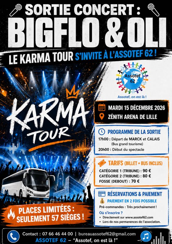 Sortie concert BIGFLO & OLI – Karma Tour – Zénith Arena de Lille – Mardi 15 décembre 2026