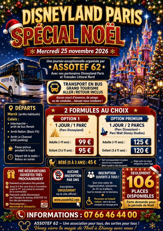 TICKET Disneyland Paris – Spécial Noël – Mercredi 25 novembre 2026 – ASSOTEF 62