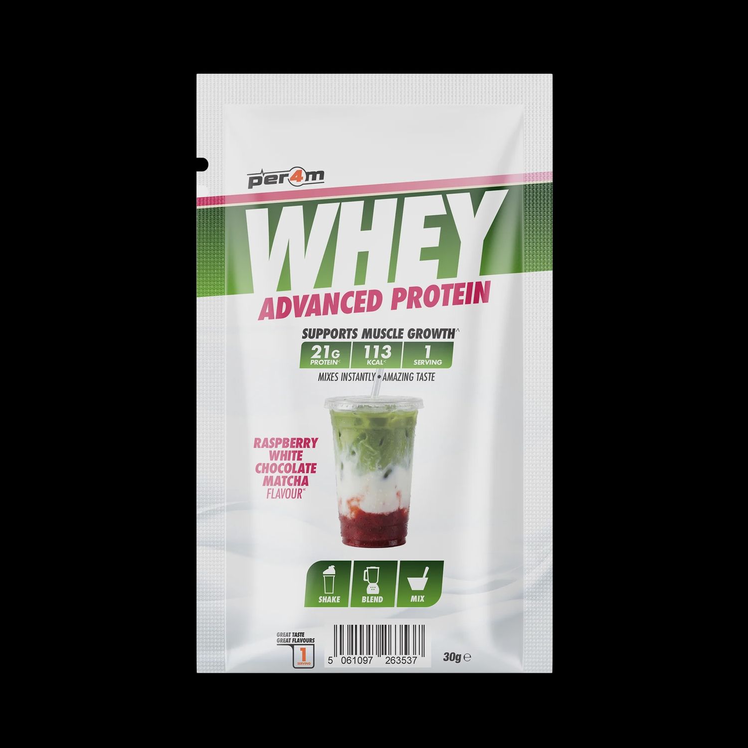 NEW Per4m Advanced Protein Single Serving Sachet 30g NEW Per4m Advanced Protein Single Serving Sachet 30g, Flavour: Raspberry White Chocolate Matcha