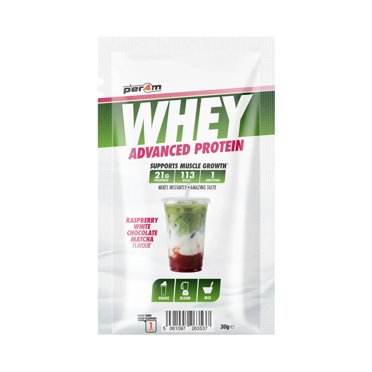 NEW Per4m Advanced Protein Single Serving Sachet 30g, Flavour: Raspberry White Chocolate Matcha