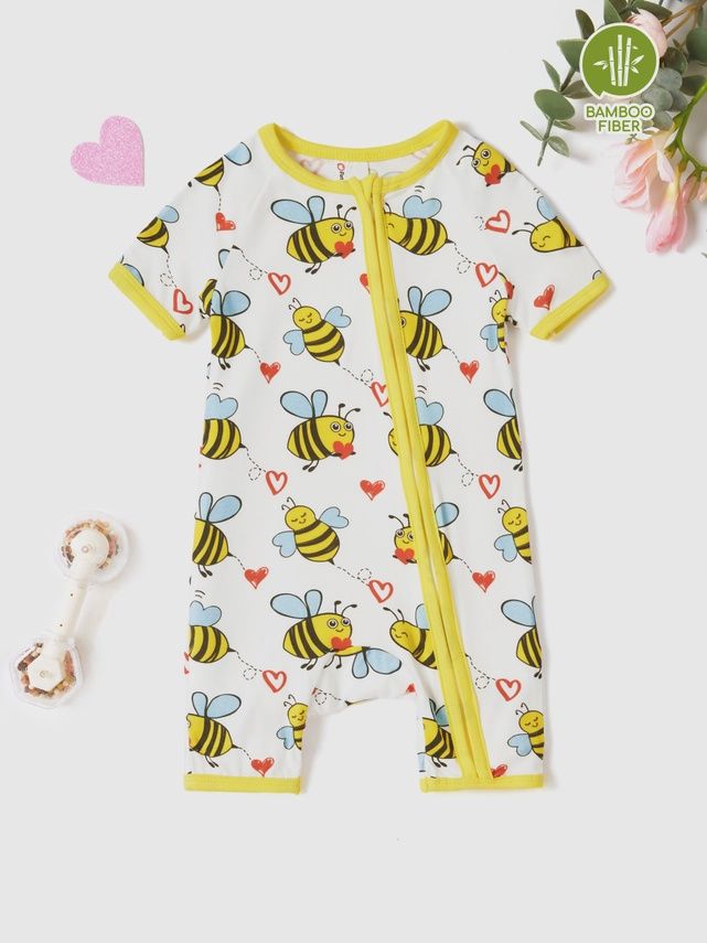 PatPat Romper (Lemons, Bees &amp; Floral), Colour: Bee, Size: 3M