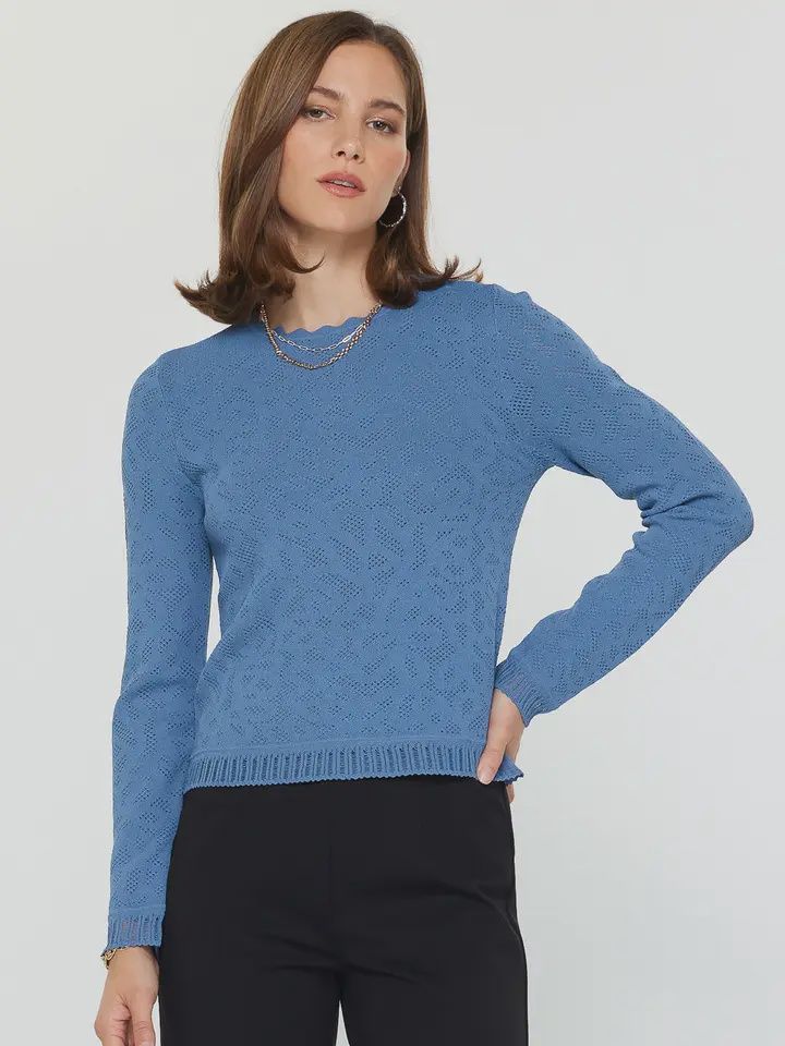 Scalloped Neck Blue Sweater