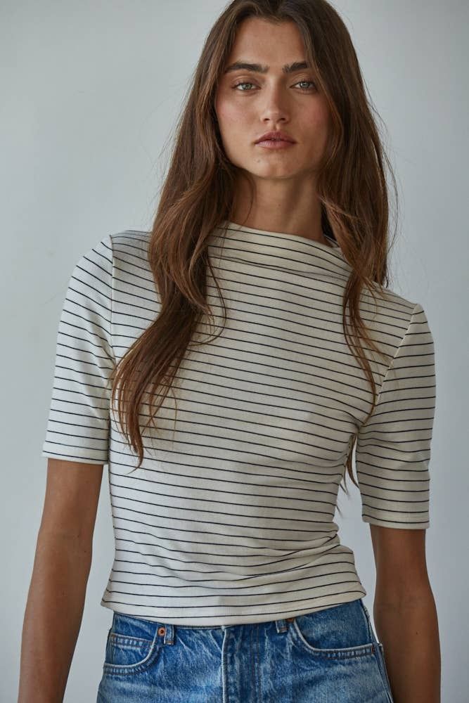 Cream Black Stripe Mock Neck Top