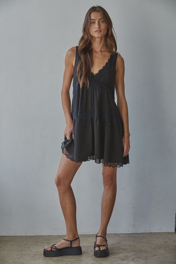 Black V Neck Lace Trim Dress