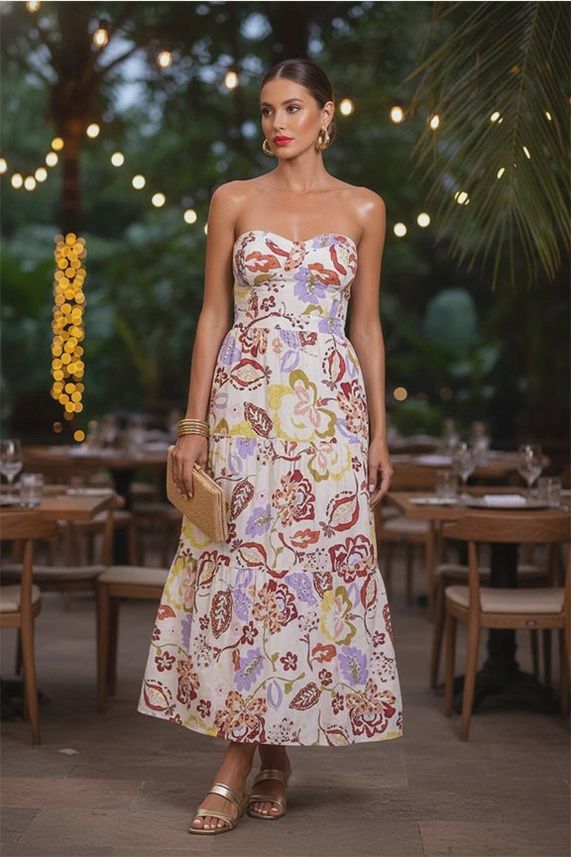 Strapless Floral Midi Side Slits