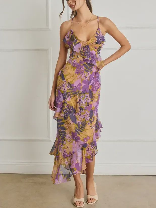 Purple Lupine Floral Ruffle  Midi