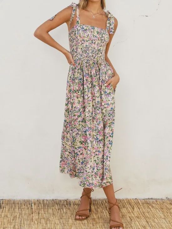 Smocked Tie Strap Floral Midi