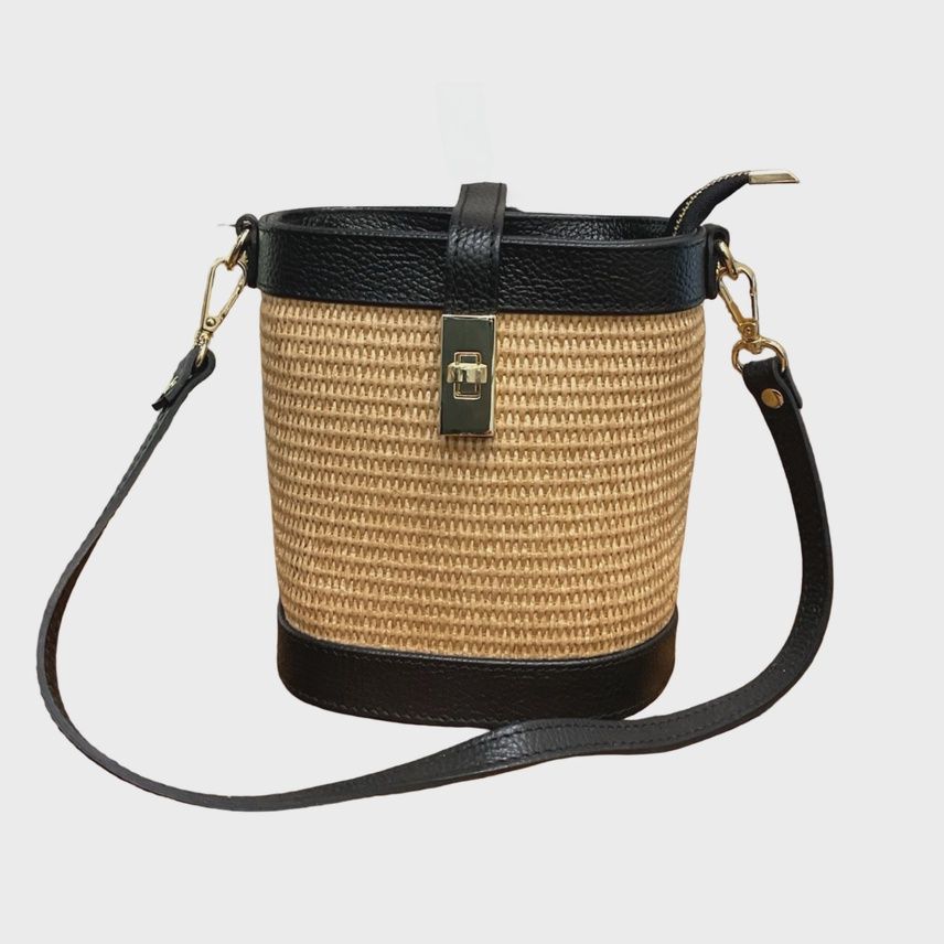 Rafia Small Bucket Leather Trim, Colour: Black