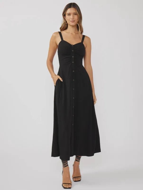 Black Maxi V Neck Ruched Button