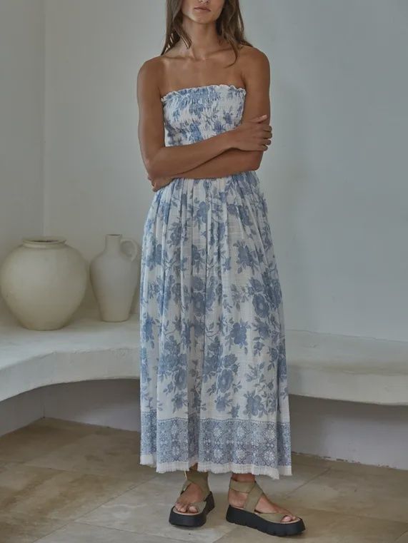 Smocked Strapless Floral Blue