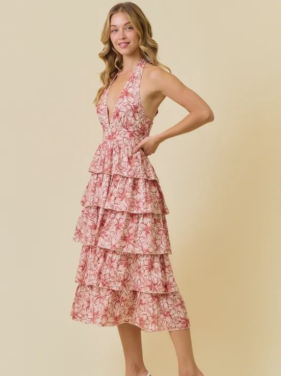 Halter Midi Red Tier Floral