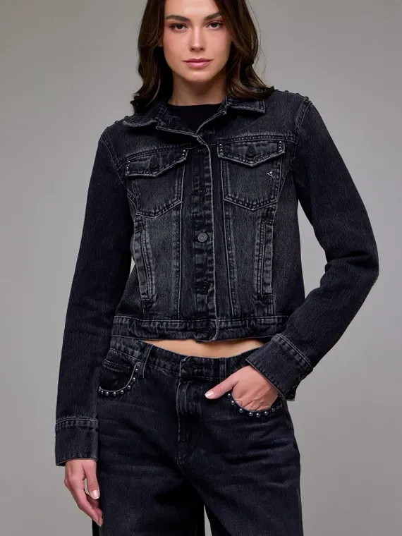 Studded Denim Jacket Fitted Charcoal