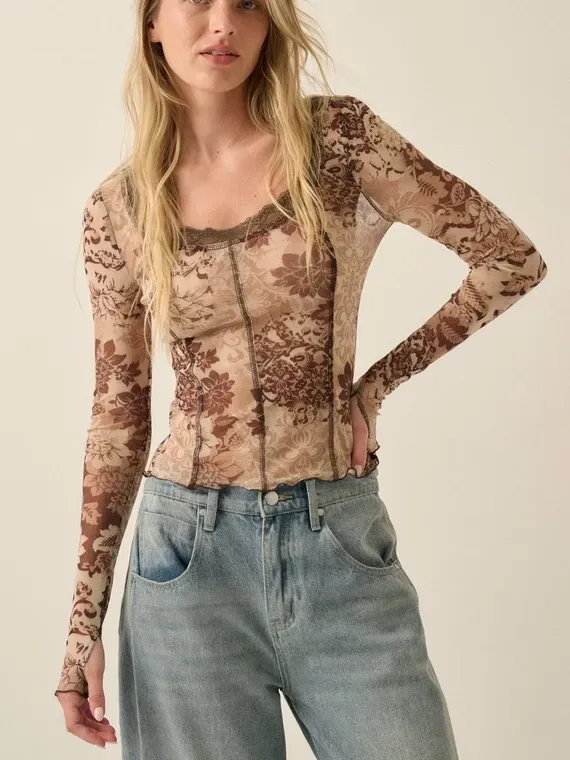Brown Floral Mesh Lace Neck