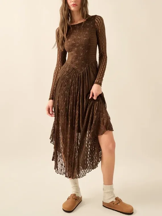 Solid Lace &amp; Stripe Midi Dress Chocolate