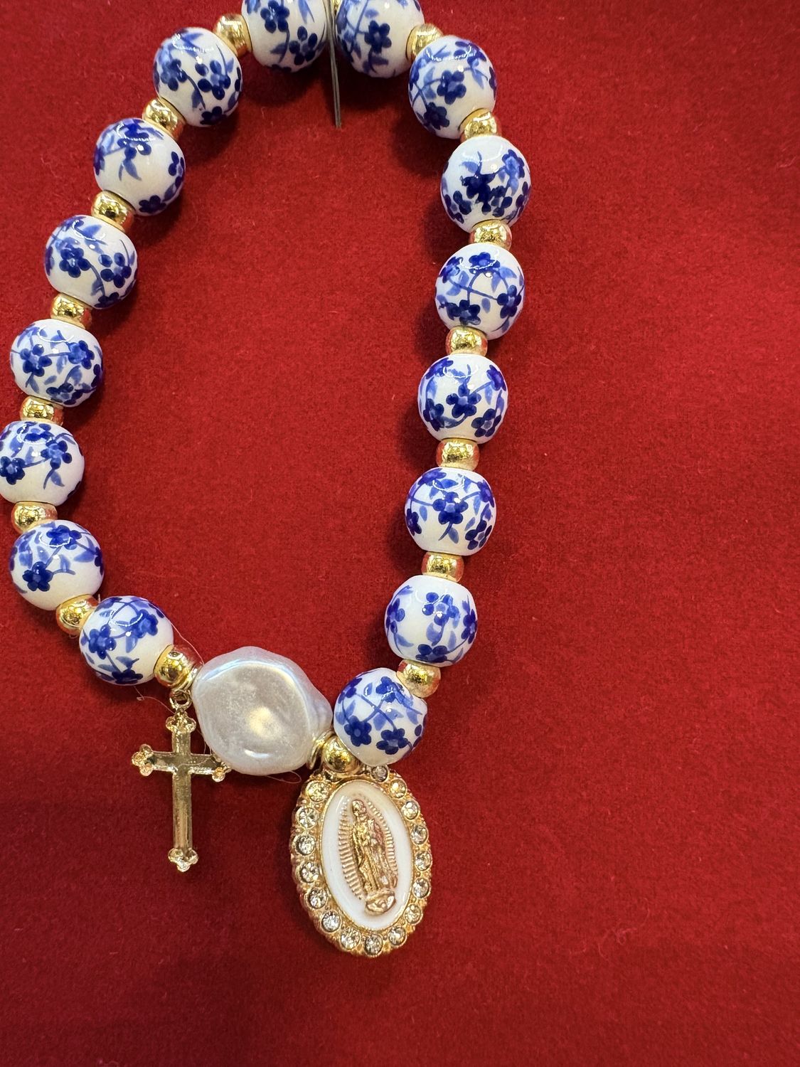 Porcelain beads with gold accents with Blessed Mot her (Gold) Bracelet