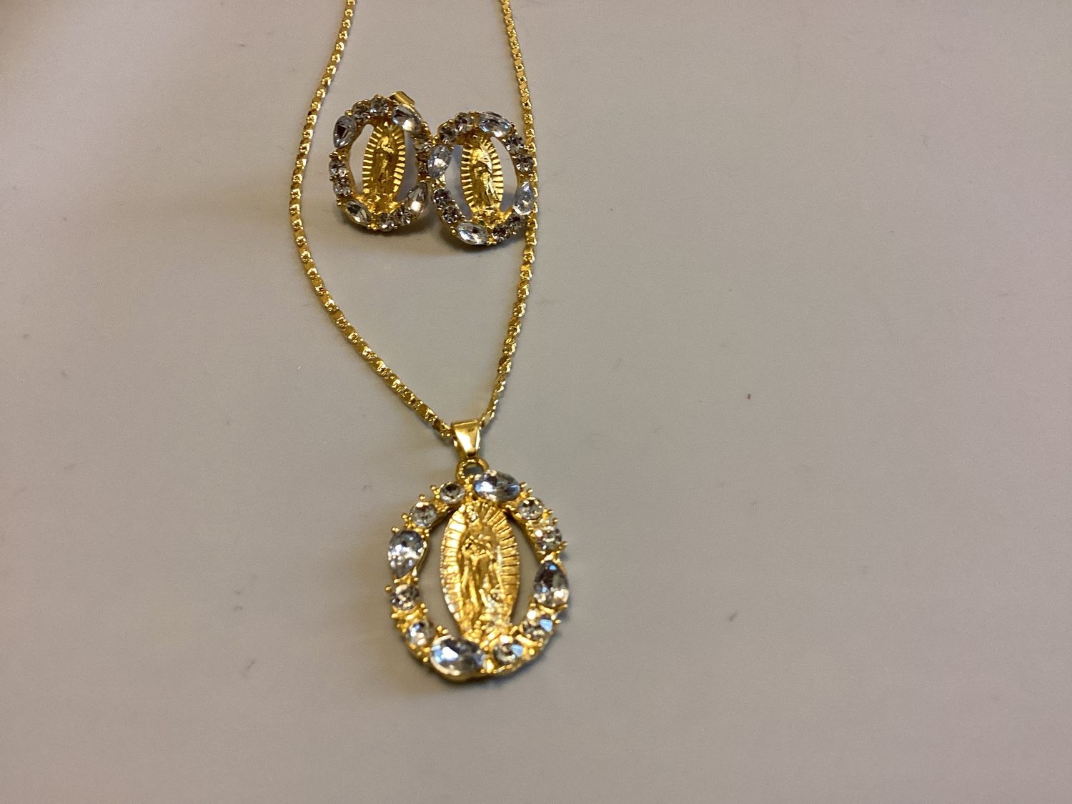 Gold-tone Virgin Mary Necklace &amp; Earring Set