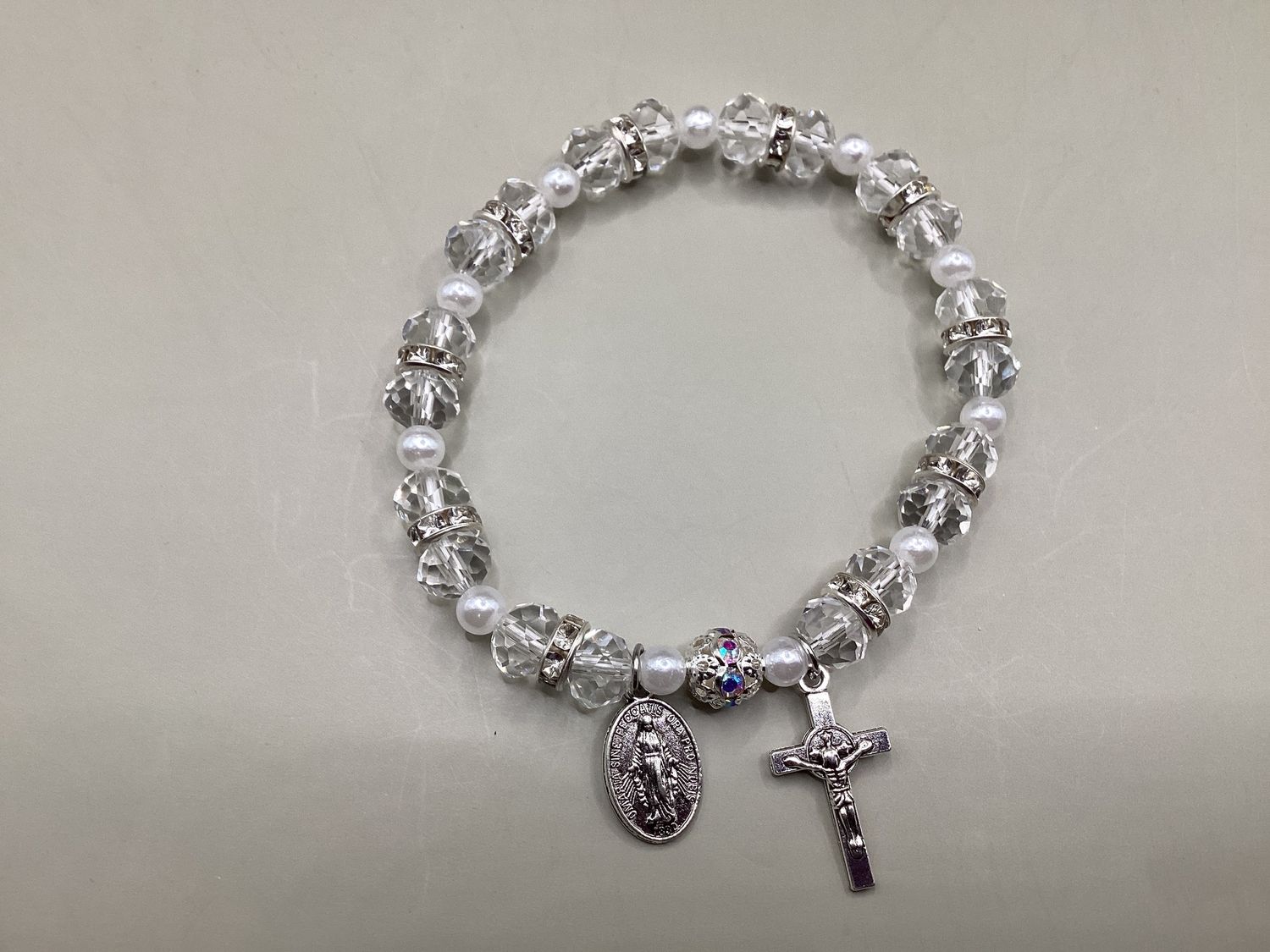 Bracelet with Faceted Crystals, Cross, Miraculous Metal
