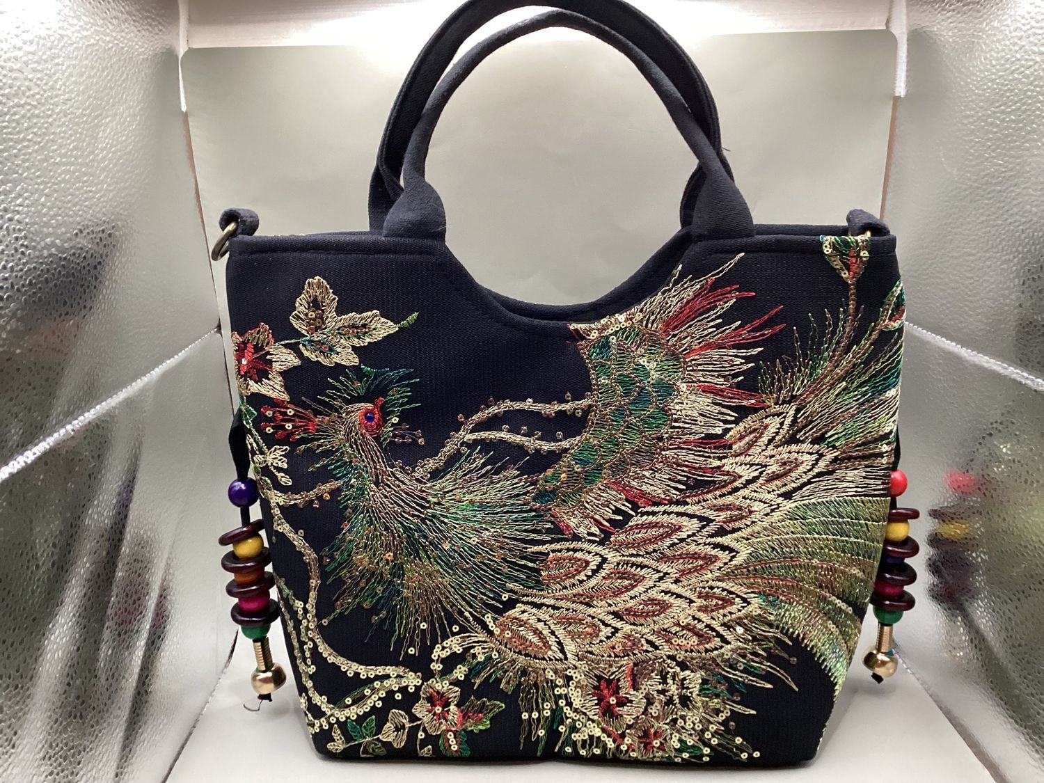 Embroidered Sequenced Phoenix. Purse Black