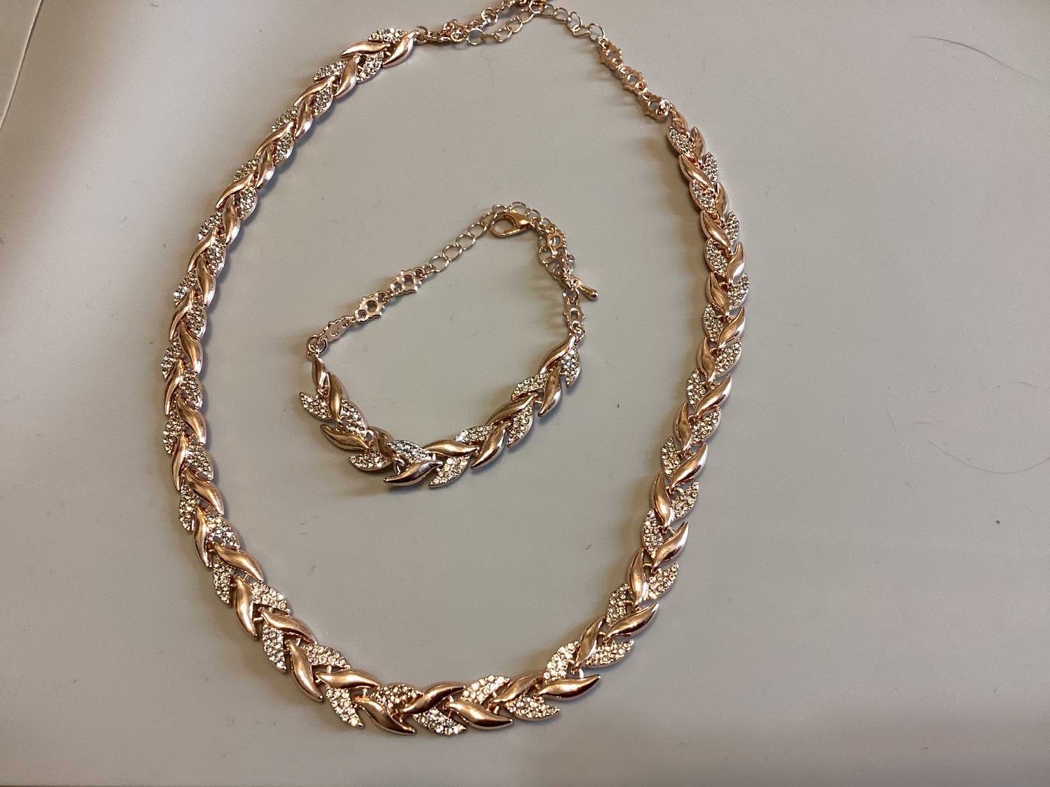 Rose gold leaf link necklace, and bracelet set