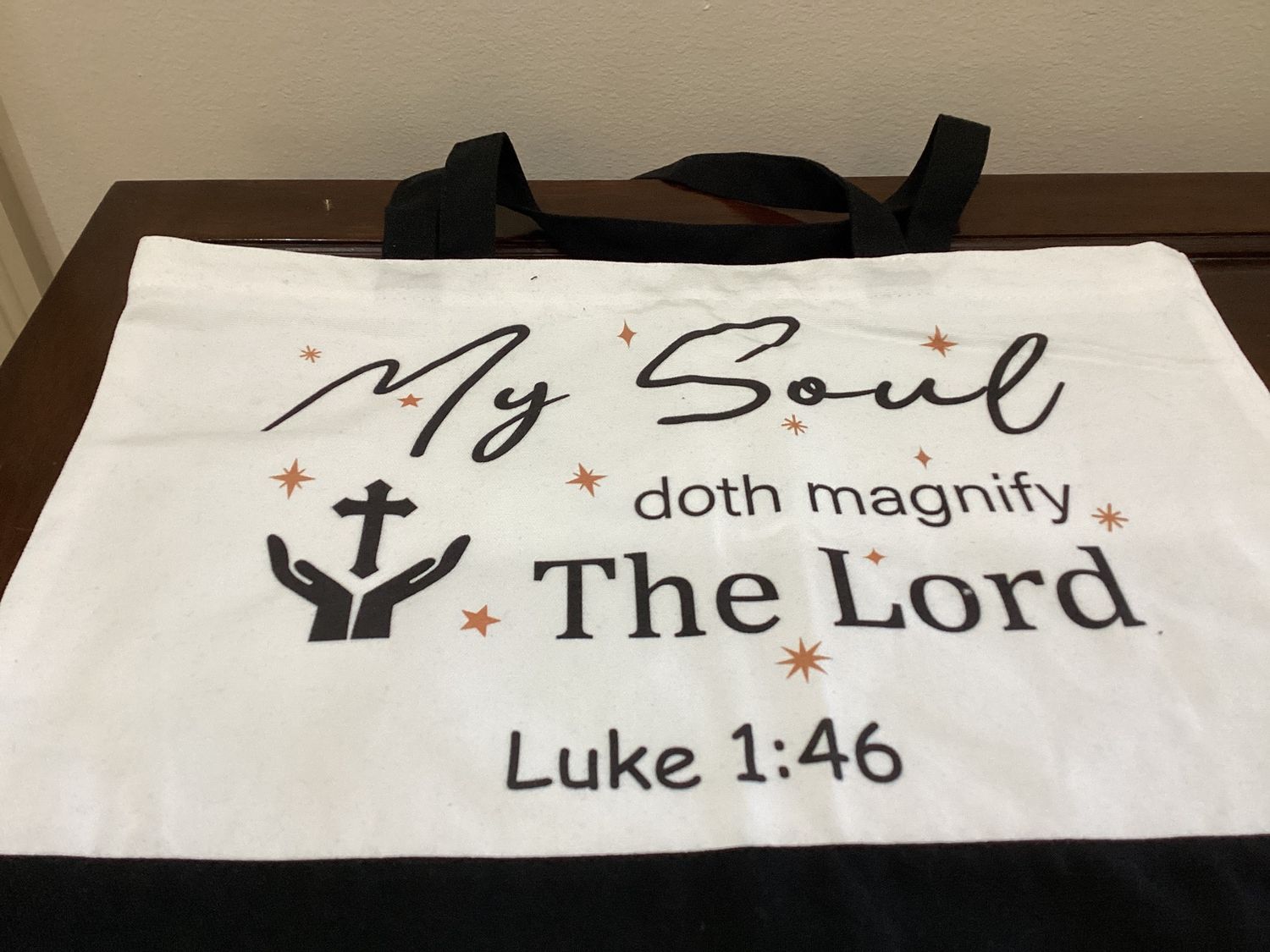 Scripture inspired canvas tote bags measuring 14 x 18” with zipper closure