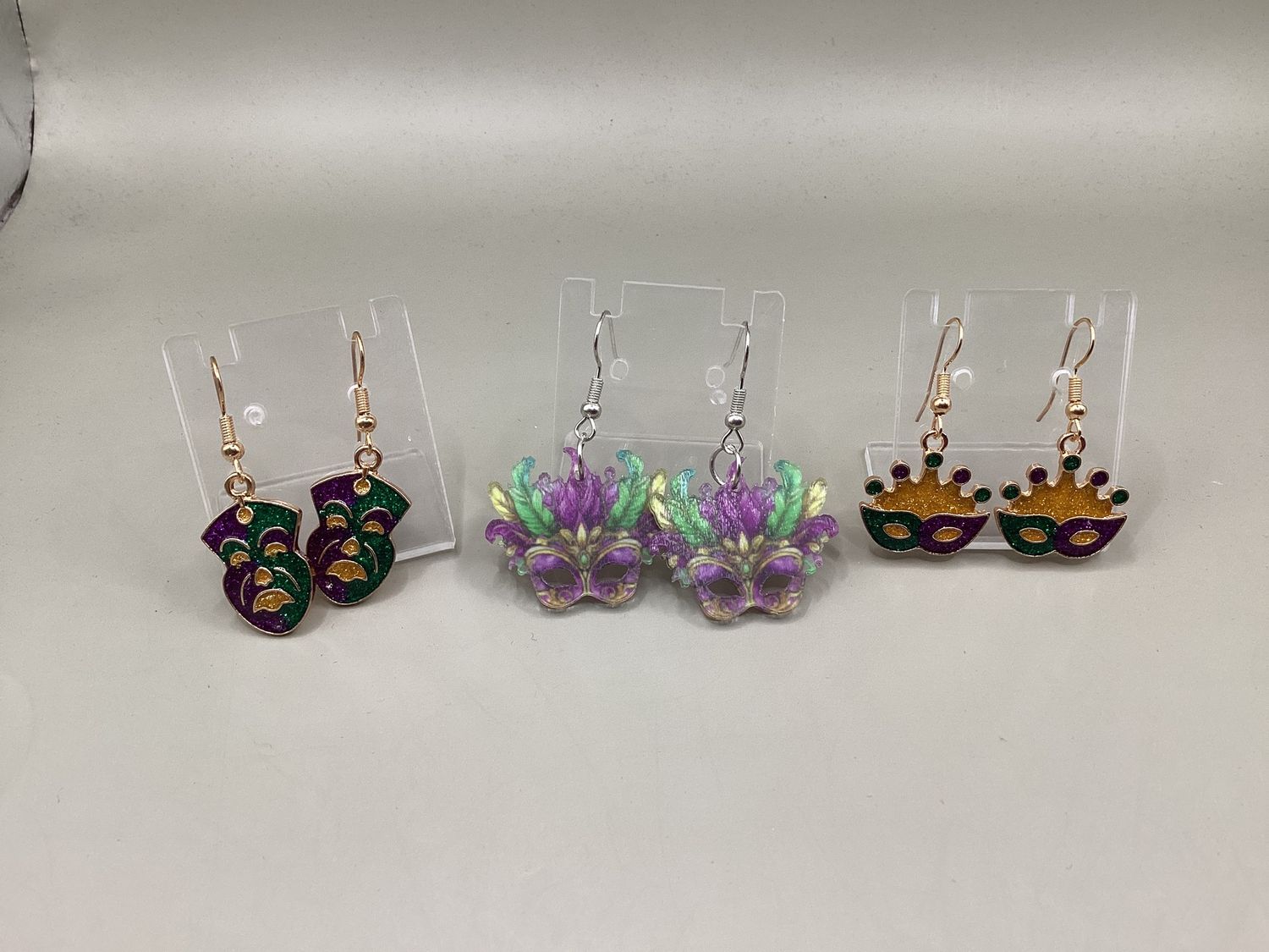 Mardi Gras Mask &amp; Crown Dangle Earrings Set of 3 Styles