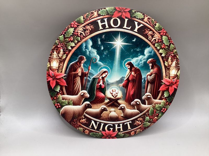 “Holy Night” Nativity Round Metal Wall Art