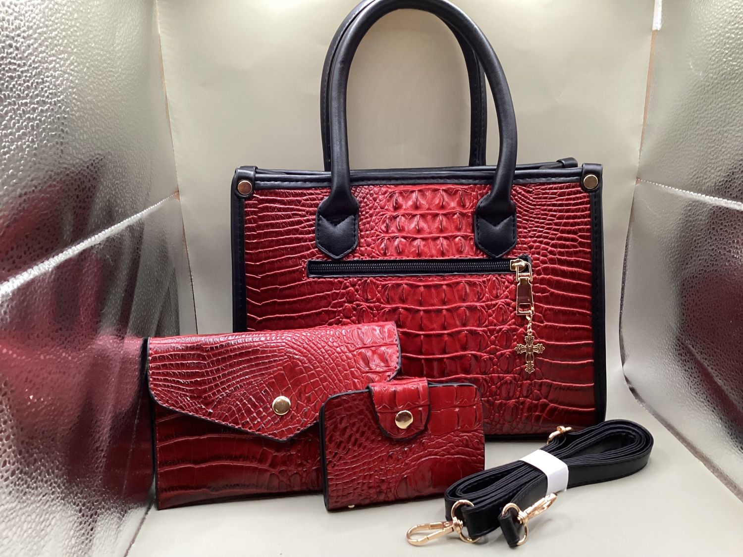 Textured Red with Black Trim 3 piece Purse Set