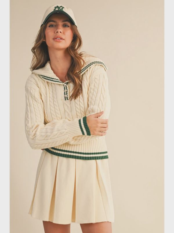 Cable Knit Collard Sweater Top and Pleated Skirt