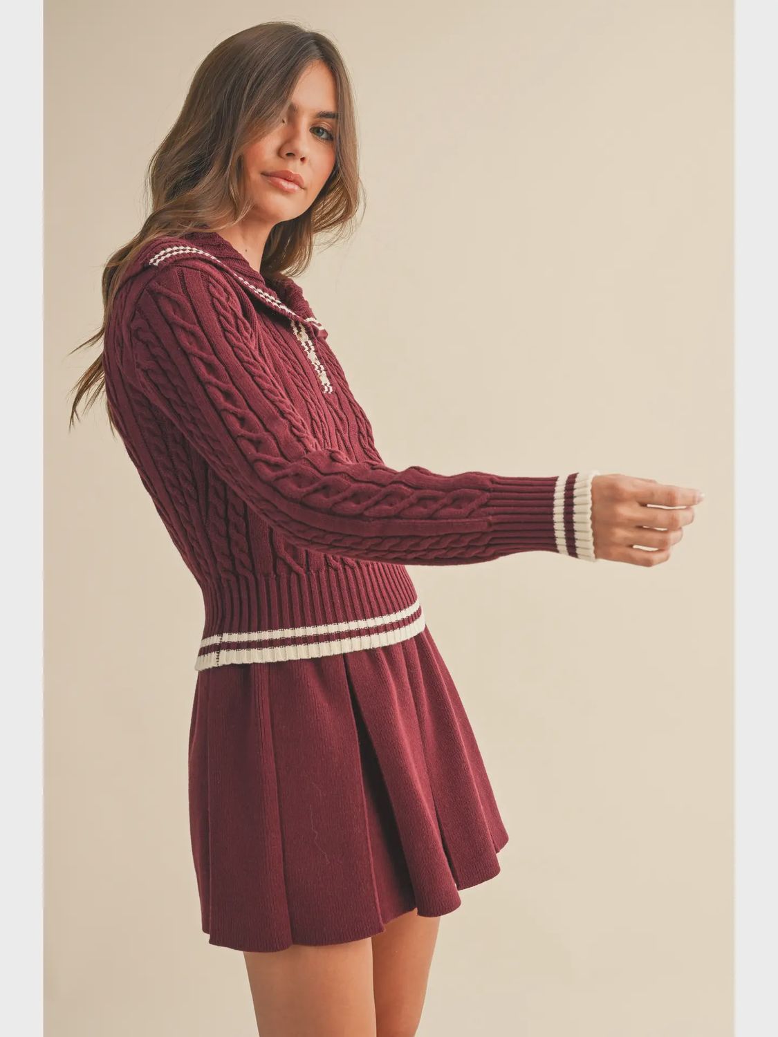 Cable Knit Collard Sweater Top and Pleated Skirt, Colour: Burgandy & Cream, Size: S