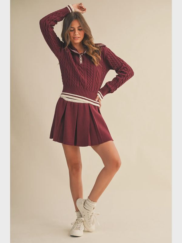 Cable Knit Collard Sweater Top and Pleated Skirt