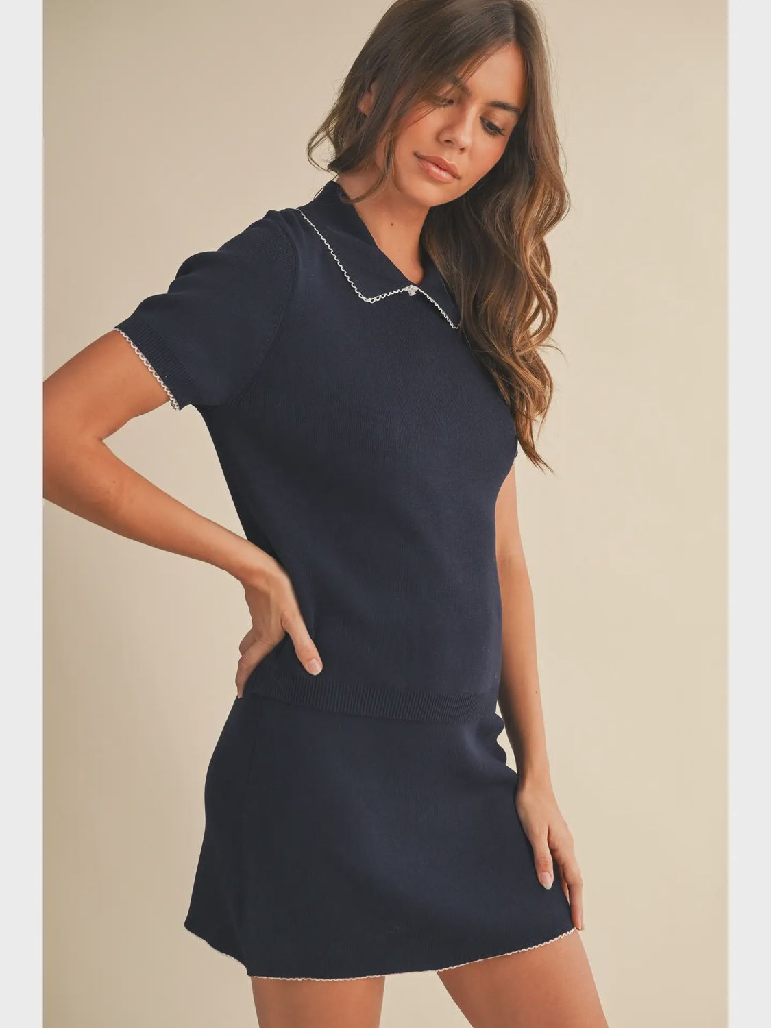 Lace Trim Collar Knit Short Sleeve Top & Skirt Set
