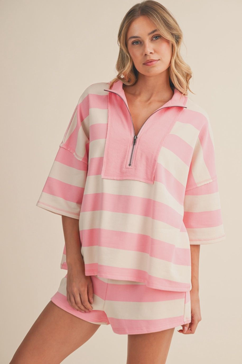 A Striped Half Zip Top and Shorts Set