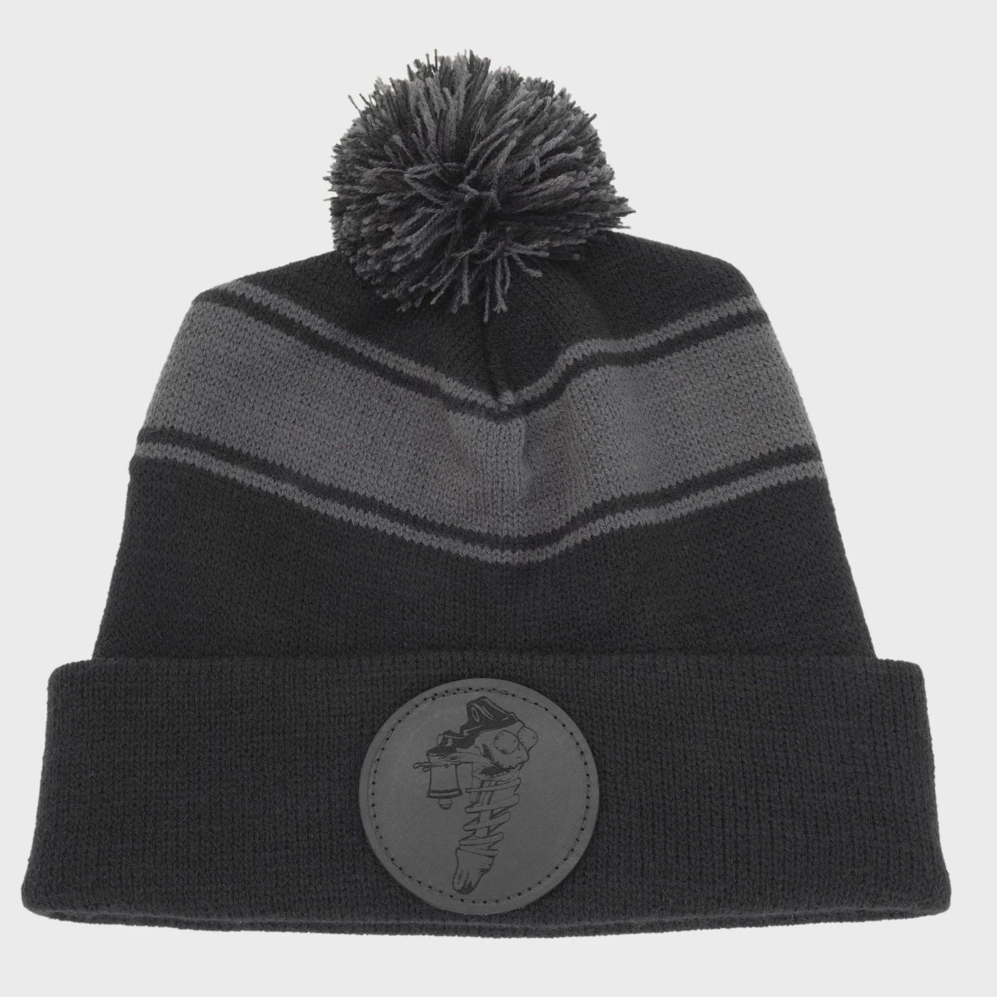 Pom Pom Beanie (Black &amp; Grey), Choose Patch Color: Black Patch