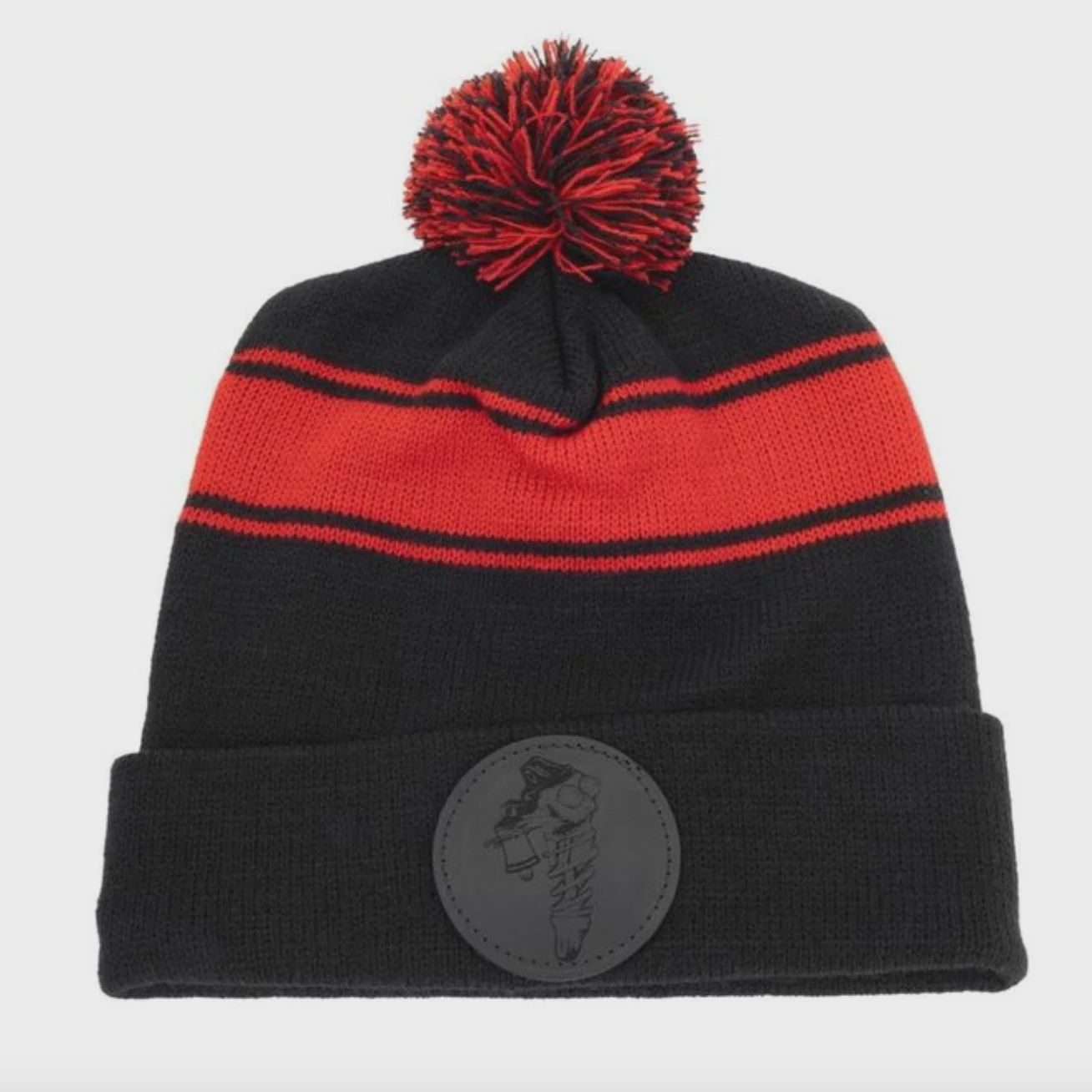 Pom Pom Beanie (Red &amp; Black), Choose Patch Color: Black Patch