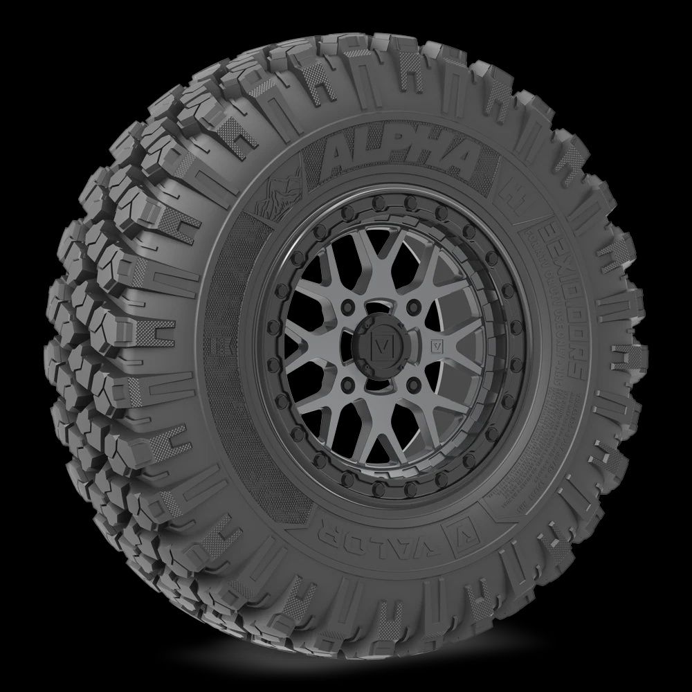Alpha on 15x7 V07 SG, Alpha UTV Tire (Durometer Rating): 65 (H1), Alpha UTV Tire (Size): 32x10.00R15, V07 Satin Graphite (Bolt pattern): 4x137