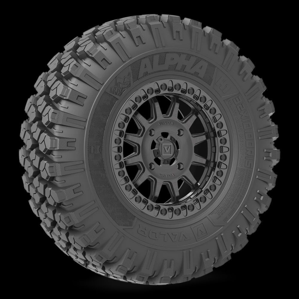 Alpha on 15x7 V09 BC, Alpha UTV Tire (Durometer Rating): 65 (H1), Alpha UTV Tire (Size): 32x10.00R15, V09 Brushed Charcoal (Bolt Pattern): 4x156