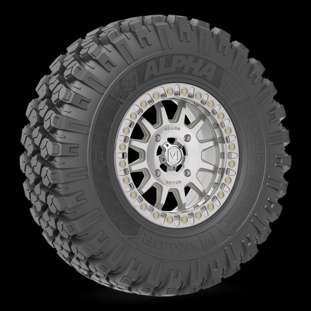 Alpha on 15x7 V09 RM, Alpha UTV Tire (Durometer Rating): 65 (H1), Alpha UTV Tire (Size): 32x10.00R15, V09 Raw Machined (Bolt Pattern): 4x137
