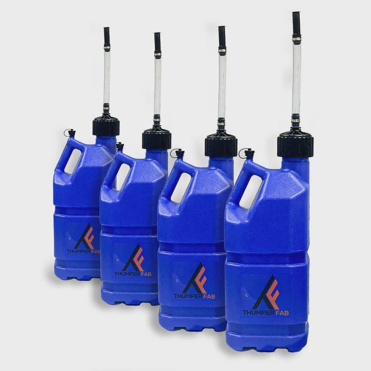 5 Gallon Utility Jug with Filler Hose Blue 4 Pack Thumper Fab
