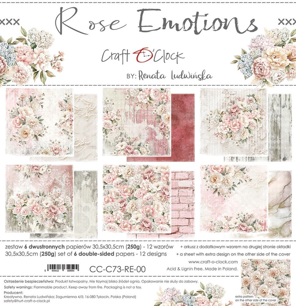 Craft O Clock - Papier 12" X 12" collection «Rose Emotions» 6 pages recto-verso