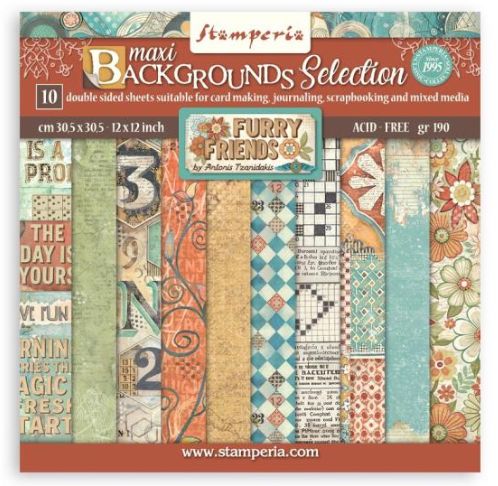 Stamperia - Papier 12 x 12 Back grounds Furry Friends, 10 feuilles