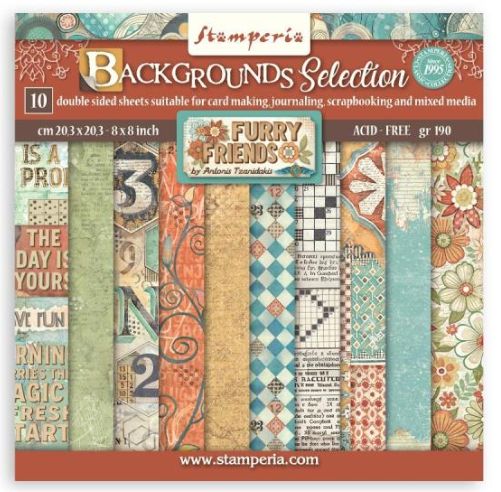 Stamperia - Papier 8 x 8 Backgrounds Furry Friends, 10 feuilles