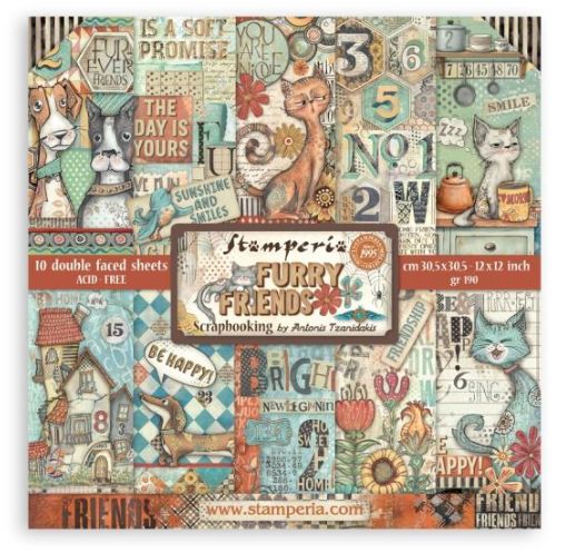 Stamperia - Papier 12 x 12 Furry Friends, 10 feuilles