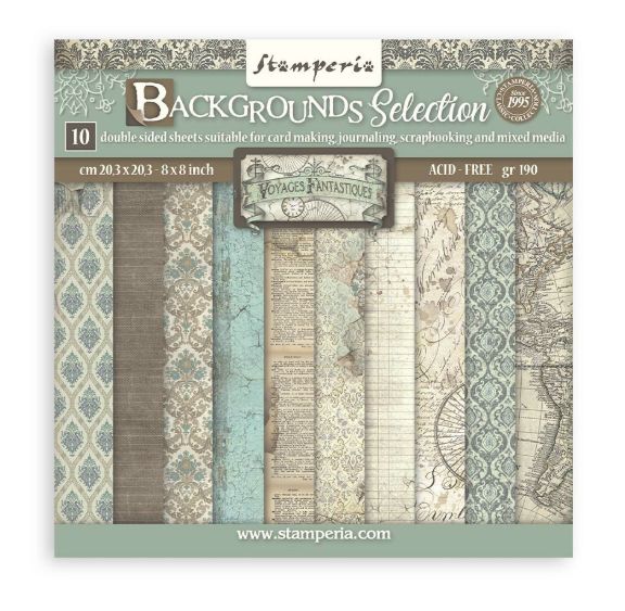 Stamperia - Papier 8 x 8 Backgrounds Voyages Fantastiques, 10 Feuilles