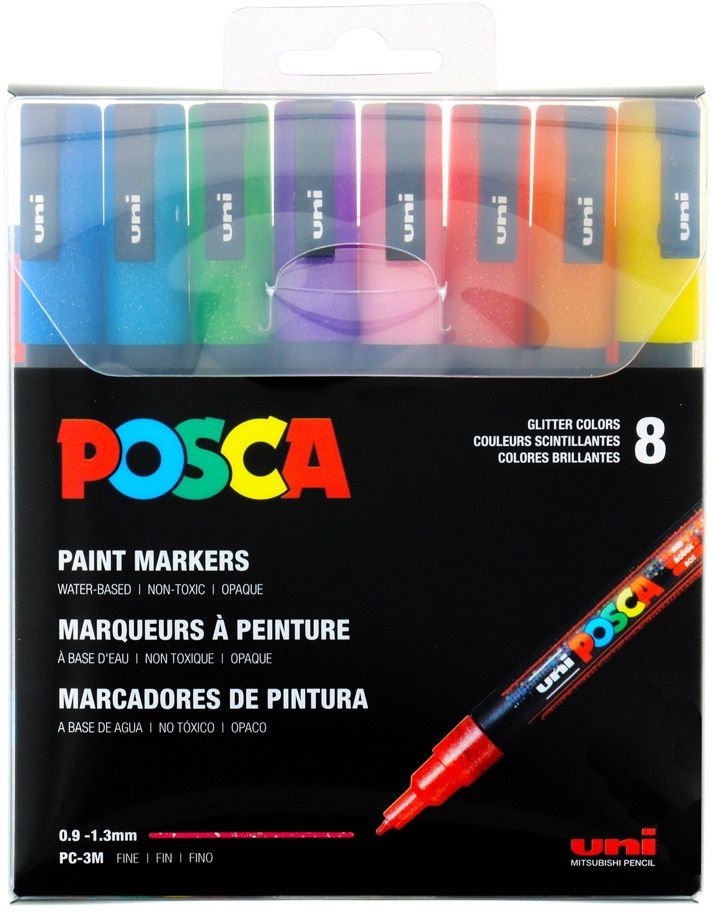 POSCA - Marqueurs de Peinture acrylique à paillette, ensemble de 8 couleurs 3mm