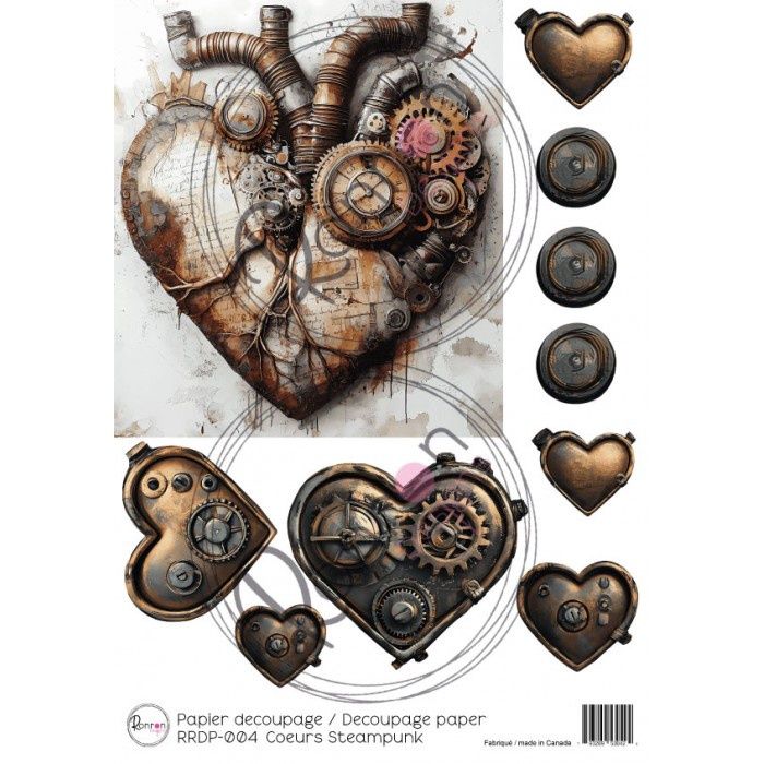 Ronron Designs - Papier de riz «Coeurs Steampunk» 8.25" X 11.75"