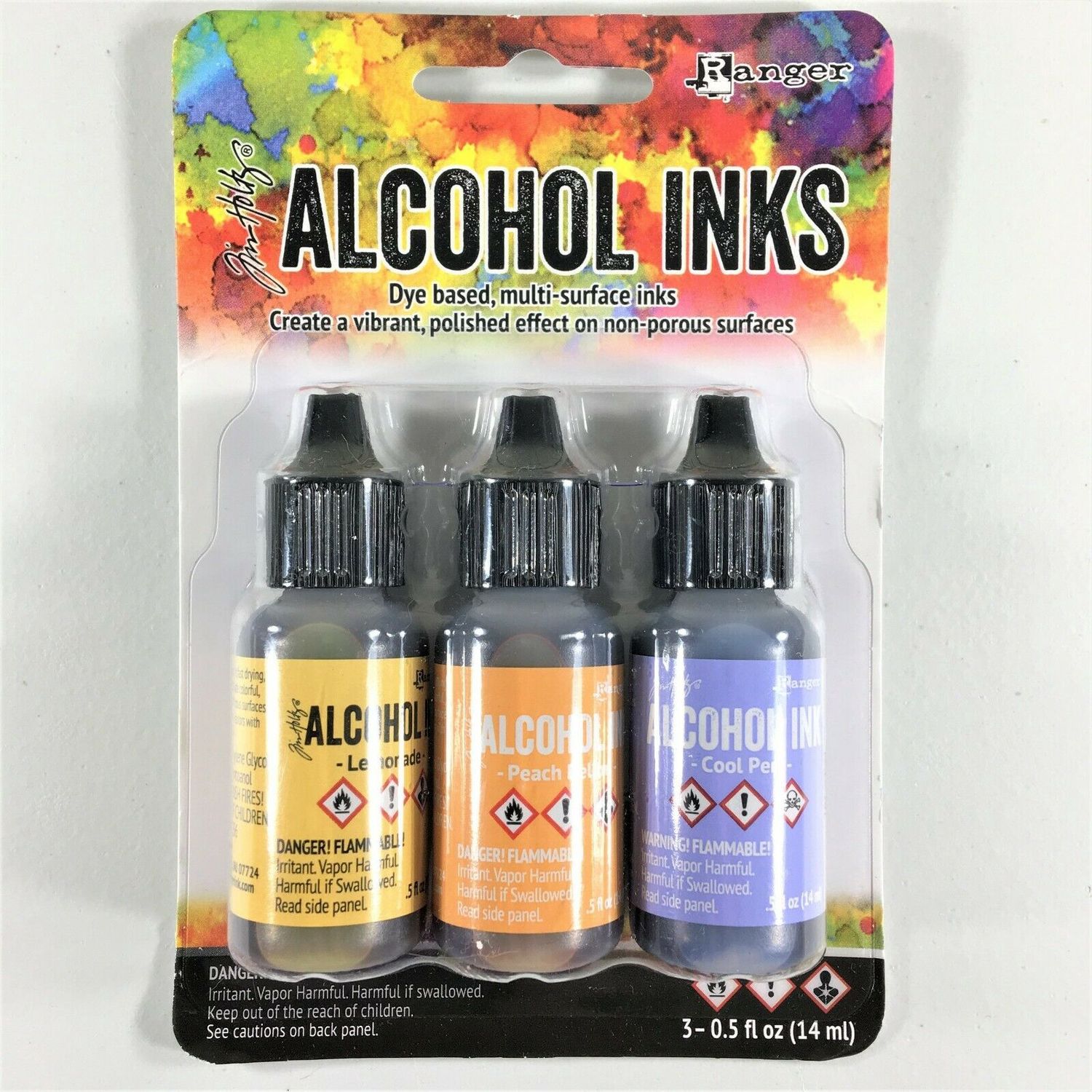 Tim Holtz - Ensemble «Alcohol Inks» couleur «Lemonade / Peach Bellini / Peri»
